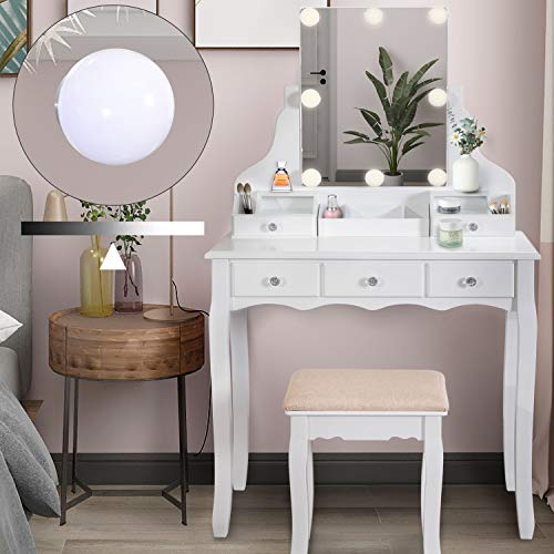 ENSTVER Vanity Set with Dimmer LED Light Bulbs,Makeup Table with Frameless Hollywood Mirror and ...