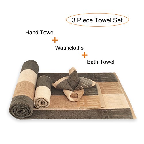 Years Calm 3 Pack Cotton Towel Sets Eco Friendly Soft Absorbent Striped Hand Towel, Washcloths and Bath Towel for Hotel Spa Bathroom (Beige)