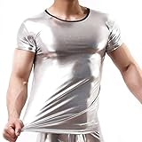 FEESHOW Men's Shiny Metallic Leather Look Underwear Short Sleeve T Shirt Top Silver Large (Chest: 35.5-47.0