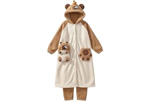 Capybara Costume, 1 Set Soft Capybara Pajamas Set with Robe & Pants, Hooded Thermal Coral Fleece Sleepwear for Women Girls