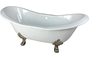 Kingston Brass Aqua Eden VCT7D7231NC8 Cast Iron Double Slipper Clawfoot Bathtub with Brushed Nickel Feet and 7-Inch Centers Faucet-Drillings, 72-Inch, White