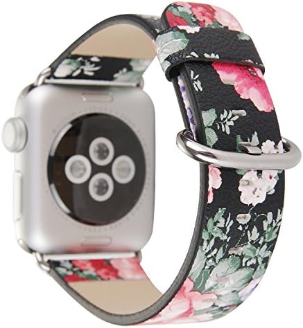 Rykimte Watch Band For Apple Watch iwatch Leather Strap Colorful Watercolour Wristband Bracelet Pattern Chromatic Replacement With Adapter For Women Girl Ladies ( Flower Black D 42mm )