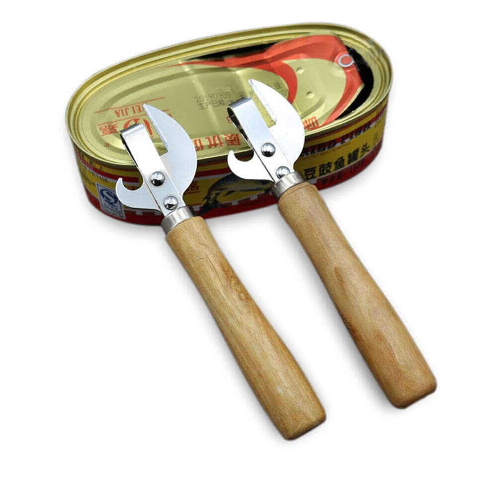 Photo 1 of 2pcs Stainless Steel Can & Tin Opener and Corkscrew Vintage Can Opener Manual Can Opener Manual Side Cut Stainless Steel Wooden Handle Bottle Opener for Restaurant Home Camping