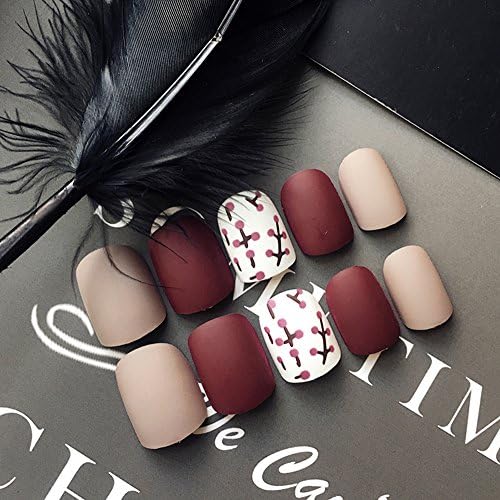 24 Pcs False Nail Art Tips - Full Cover Acrylic Predesigned False Fake Nails with 24 Counts Adhesive Tab ,Perfect Gift ! (Matte Burgundy Floral)