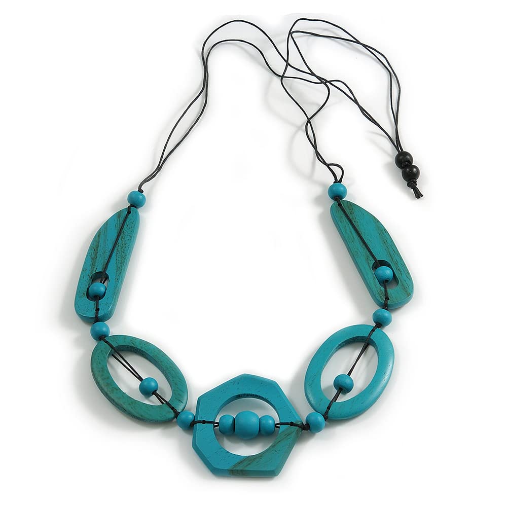 Avalaya Long Geometric Teal Washed Wood Bead Black Cord Necklace - 90cm Max/Adjustable