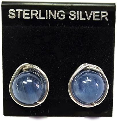 Blue Kyanite and Sterling Silver Herringbone-Topped Wire-Wrapped Post Earrings