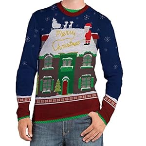 Faux Real Men's Sublimated Ugly Xmas Sweater Long Sleeve T-Shirt, Peeing Santa, Large