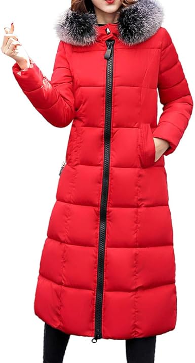 womens red padded jacket with fur hood