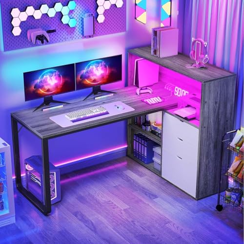 Photo 1 of DWVO L Shaped Desk with Drawers & Power Outlets, 55" Computer Desk with Bookshelf, Corner Desk Home Office Desk with Storage Shelves & LED Lights, Grey & White