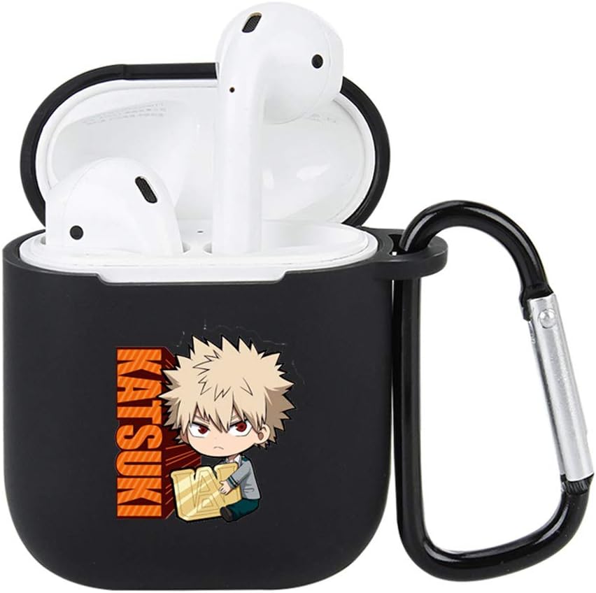 Kunandroc My Hero Academia Case for Airpods, with Anti-Lost Carabiner for Airpods 1/2, Anime Character Silicone Cover and Skin for Airpod(Black-05)