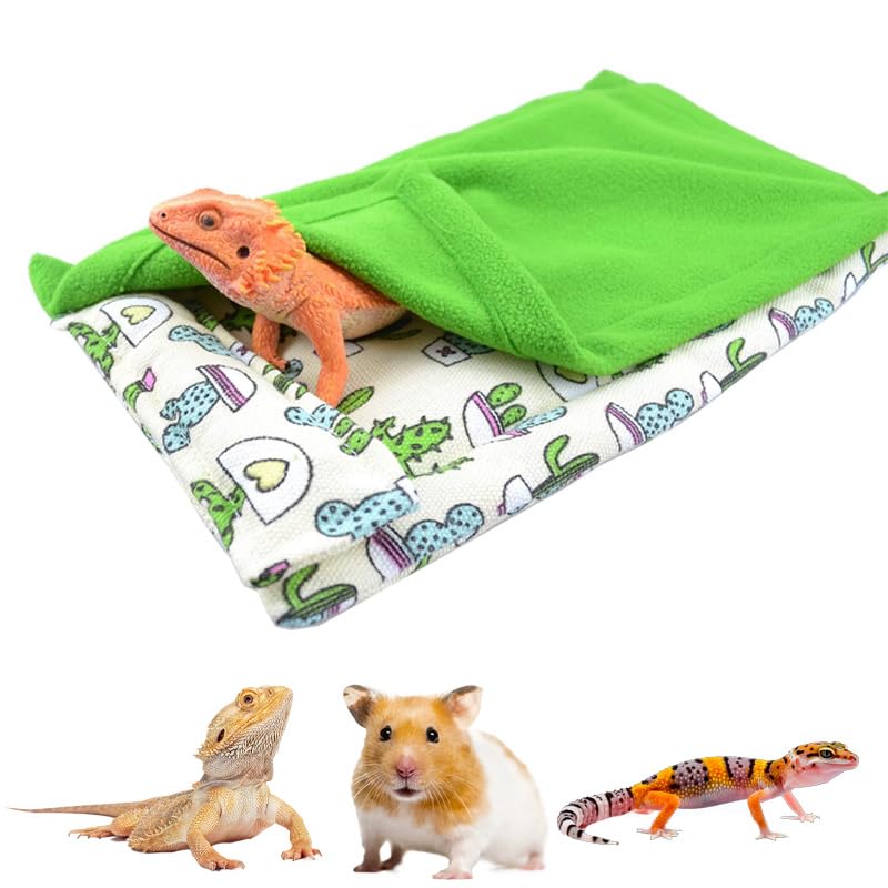CQJ Bearded Dragon Hammock Sleeping Bag Set- Hanging Pet Bed with Pillow and Blanket Hideout Habitat with Soft Warm for Bearded Dragon Lizard Leopard Gecko and Small Pet Animal (Beige + green Quilt)