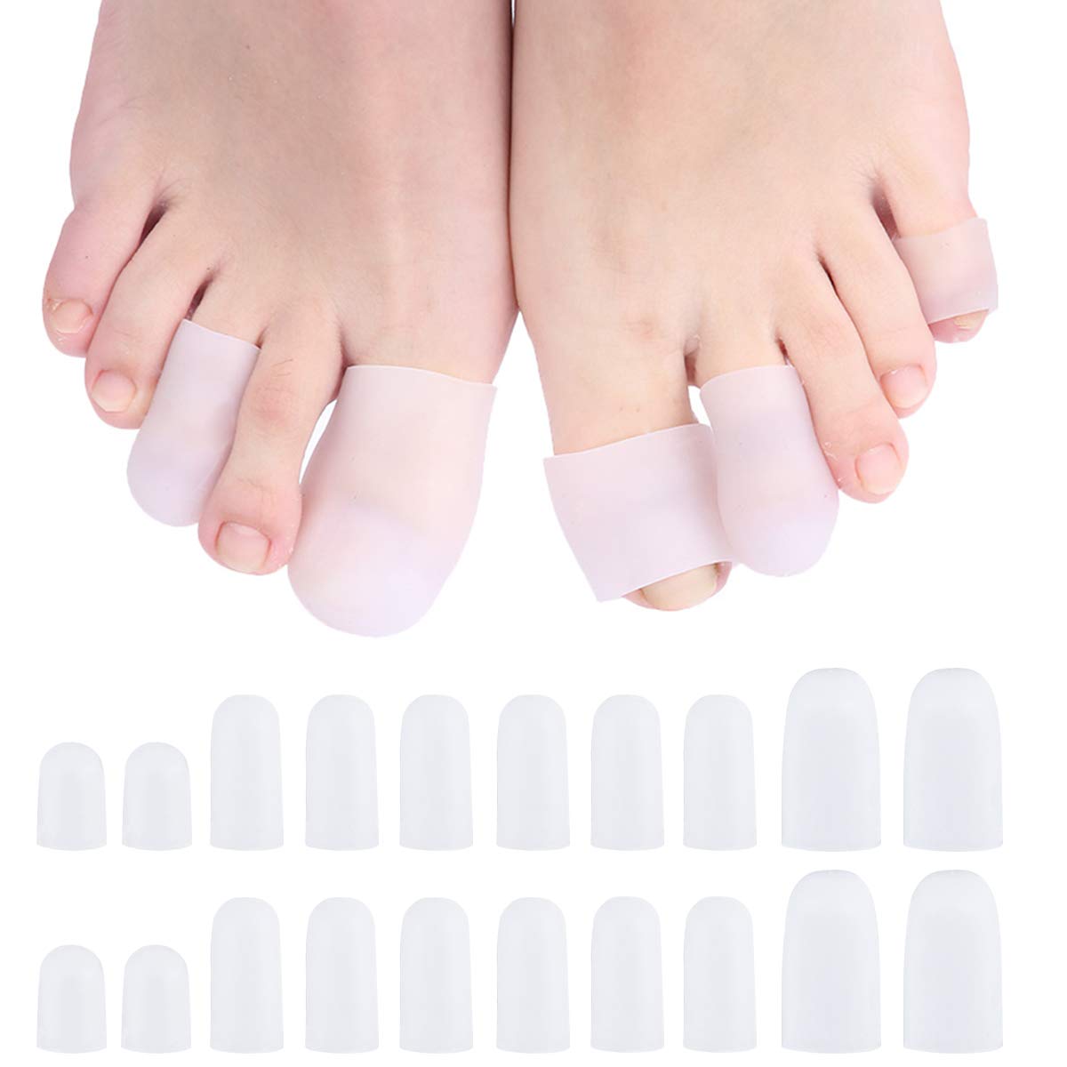 20 Pcs Toe Protectors Gel Toe Sleeves Soft Silicone Big Toe Caps Pain Relief Close Tube Cushion Toe Covers in Assorted Sizes for Callus Corns Blisters Missing or Ingrown Toenails Woman Man