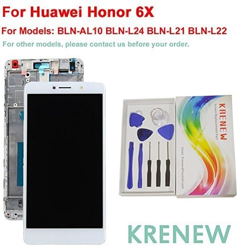 KRENEW Touch Screen Replacement Digitizer Glass LCD Display & Repair Tools Kit +Frame Housing for Huawei Honor 6X BLN-AL10 BLN-L24 BLN-L21 BLN-L22 (White + Frame)