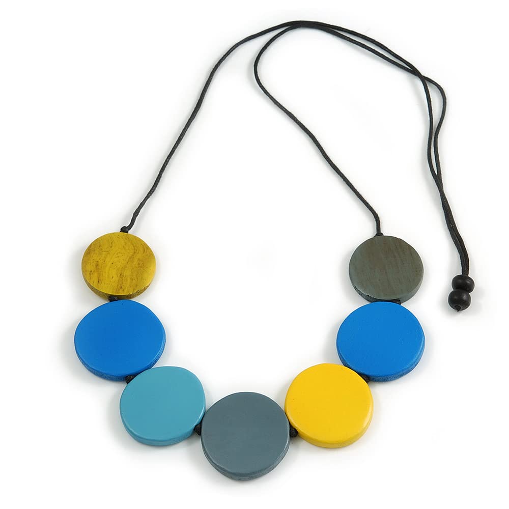 Avalaya Multicoloured Wood Coin Bead Black Cotton Cord Necklace - 96cm L (Max Length) Adjustable