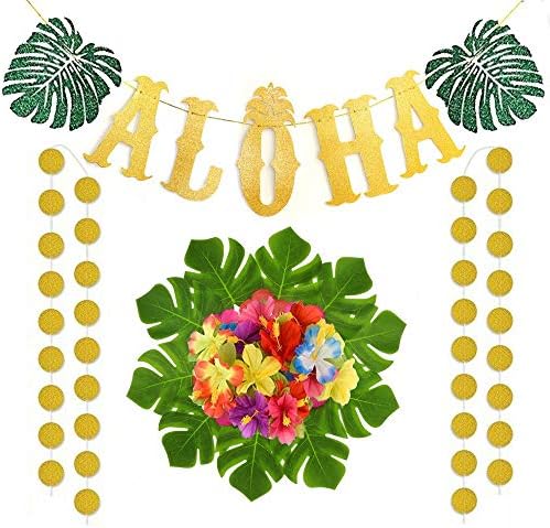 Deloky 23 Packs Hawaiian Aloha Party Decorations-Gold Glittery ALOHA Party Banners with Circle Dots , Tropical Palm Leaves and Hibiscus Flowers perfect for Summer Hawaiian ,Tropical ,Wedding and Birthday party Supplies
