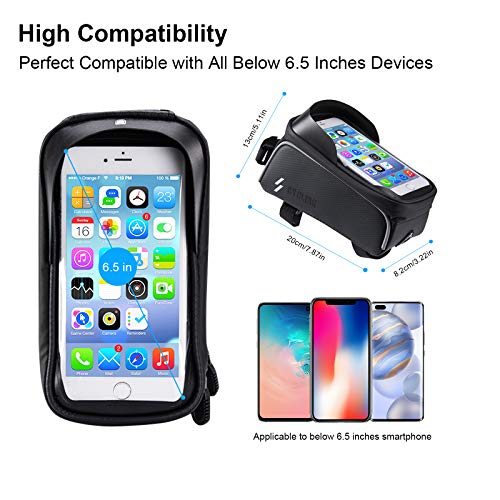 ANVAVA Bike Frame Bag Waterproof Bicycle Top Tube Pouch Phone Holder with Touchscreen Sun Visor and Headphone Hole for iPhone Samsung and other Smartphone Under 6.5 Inch