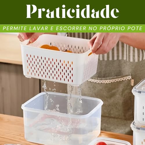 Kit 3 Potes Organizadores de Geladeira Hermético com Trava nas Tampas Borracha Isolante e Cesto de Escorrer Removível - Organizador de Frutas Legumes Saladas - Sem BPA - Qualidade Premium - Shop100
