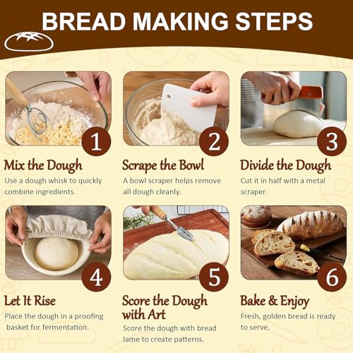 RIZENCE 21PCS Sourdough Starter Kit - Banneton Bread Proofing Basket Set, 9" Round & 10" Oval Proving Basket - 100% Natural Rattan - Complete Bread Making Accessories with Glass Sourdough Starter Jar