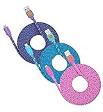 SUPERIOR QUALITY 10FT (3M) Braided Flat Noodle Lightning to USB Cable Charger for iPhone 6S, 6S Plus, iPhone 6, 6 Plus, iPhone 5S, 5, 5C iPad 4, iPad Mini, iPad Air, Air 2 - 3 PACK (Purple Blue Pink)