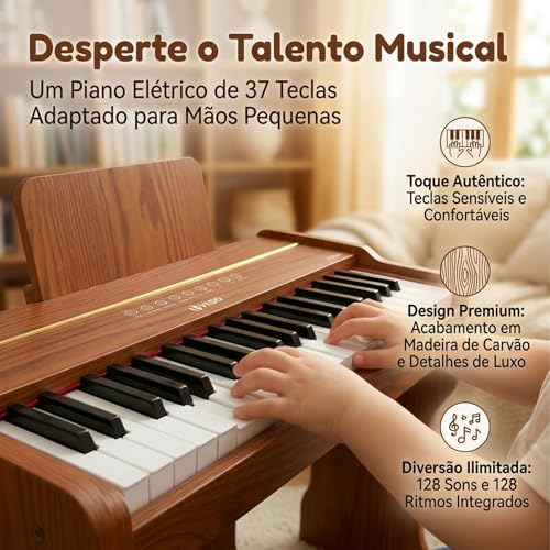 VEDO Piano Digital Infantil 37 Teclas, 128 Timbres, 128 Ritmos, 23 MúSicas De DemonstraçãO, Instrumento Musical Educativo, Madeira De Carvalho, Adequado Para Meninos E Meninas A Partir De 3 Anos