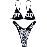 ZGMYC Women Funny Skull Letter Print Goth Bikini Set 2 Piece Neon Bandeau Swimsuit