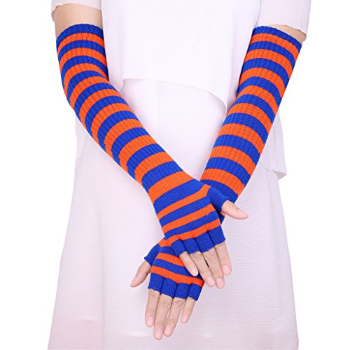 Womens Striped Fingerless Stretchy Long Sleeve Arm Warmers Gloves