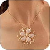 NLMSKI Large Flower Blossom Petal Outline Pendant Necklace For Women Statement Elegant Adjustable Delicate Chain Gold Color White Iridescent