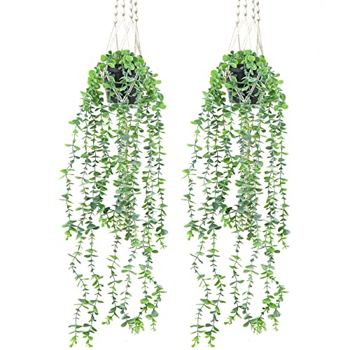 Artificial Hanging Plants, 2 Pack Faux Potted Plant with 2pcs Plant