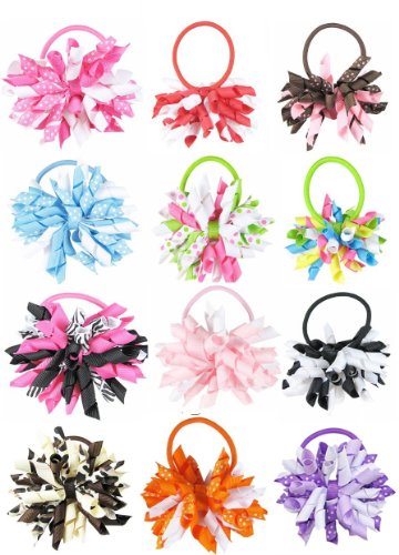 Ship From USA--HipGirl Boutique Girls 12pc Set 3" Grosgrain Ribbon Korker Hair Bow Pony Holders