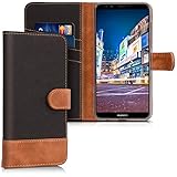 kwmobile Wallet Case for Huawei Y7 (2018)/Y7 Prime (2018) - Fabric and PU Leather Flip Cover with Card Slots and Stand - Black/Brown