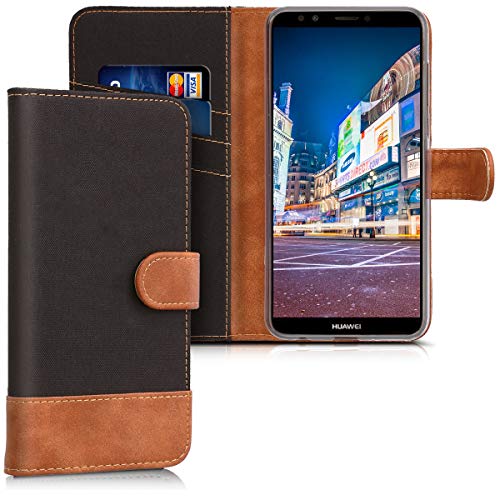 kwmobile Wallet Case for Huawei Y7 (2018)/Y7 Prime (2018) - Fabric and PU Leather Flip Cover with Card Slots and Stand - Black/Brown
