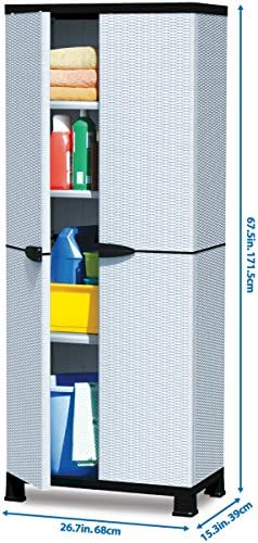 Plascoline Madera 3-Shelf Plastic Utility Storage Cabinet with Doors and Floor Risers, 26.7" W x 15.3" D x 67.5" H