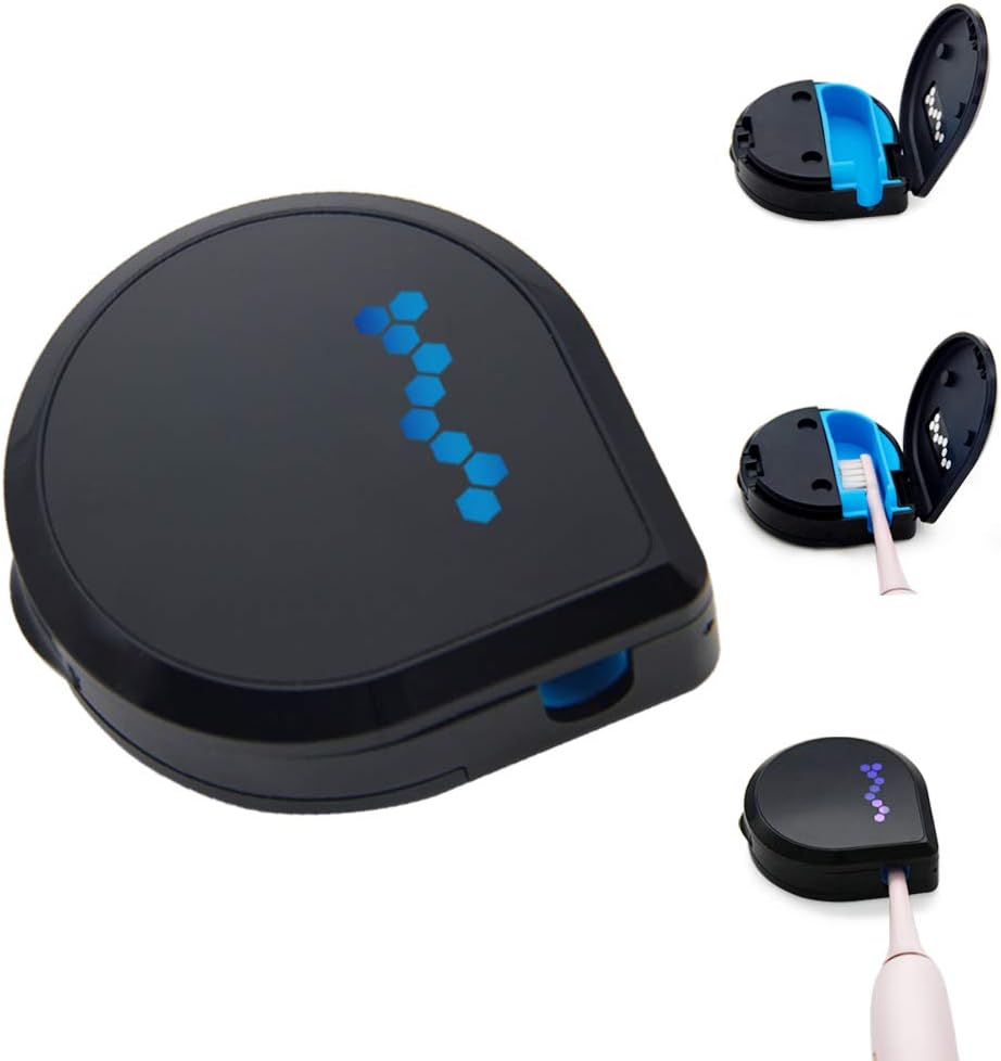 UVC LED Toothbrush Sanitizer Portable Deep UV Toothbrush Sterilizer Case Cleaner with 2 Toothbrush Holders Replacement Silicone Liners for Travel or Family (Black)