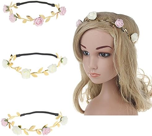Baby Headbands Golden leaves Rose Flower Elastic Hair Accessories (3pcs White pink)