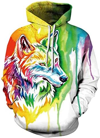 ISTider Unisex Realistic 3d Digital Print Wolf Hoodie Fall/Winter Thin Pullover Hooded Sweatshirt (XXL/3XL, Colorful Wolf)
