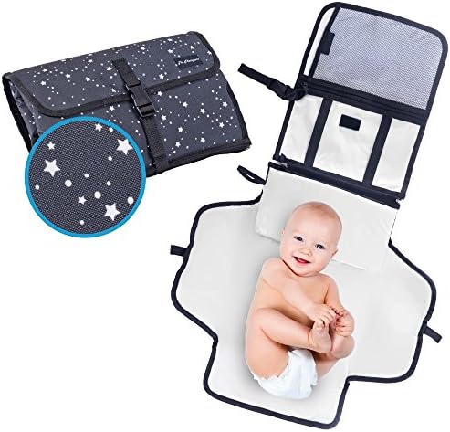 Portable Diaper Changing Pad - Built-in Extended Foldable Head Pillow - Mat 100% Waterproof - Wipe-clean Travel Changing Station Kit, Detachable Clutch - Baby Shower Gift - Dark Grey