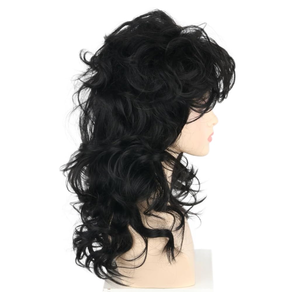 Condition photo showing As Is for black long curly 80s rocker wig for women halloween party costume wig