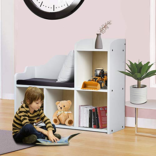 NA Bookshelf for Kids with Cushion Reading Nook, White Bookcase for
