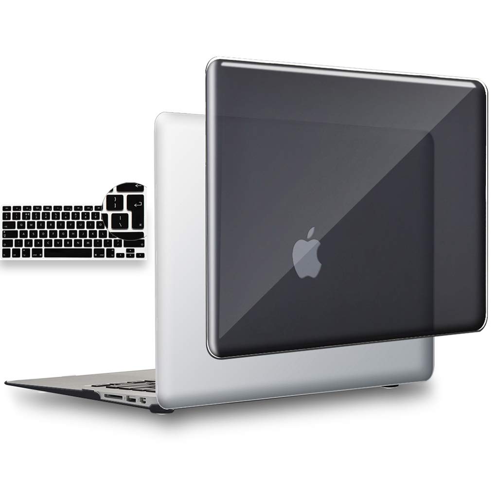 UESWILL 2in1 Glossy Crystal Clear See Through Hard Shell Case with EU/UK Version Silicone Keyboard Cover Compatible with 2010-2017 MacBook Air 13 inch Model A1466 A1369, Black