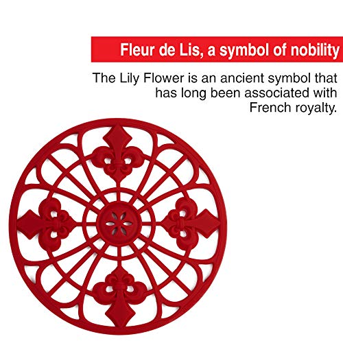 Silicone Trivets Set For Hot Dishes | Modern Kitchen Hot Pads For Pots & Pans | Fleur De Lis Design (Symbol of Royalty) Mimics A Cast Iron Trivet (7.5” Round, Set of 3, Coral Red) - Thumbnail 5
