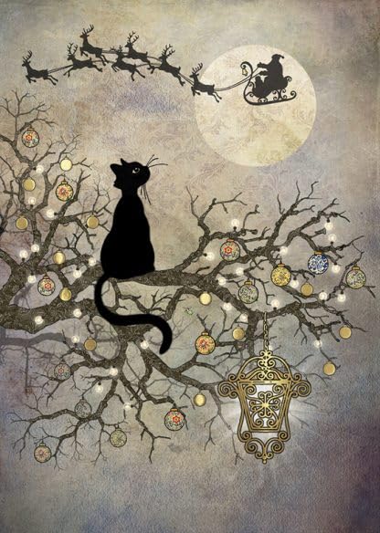 Bug Art Christmas Cards Pack of 8 - Black Cat and Full Moon Embossed with Foil Details - Eco-Friendly & Recyclable