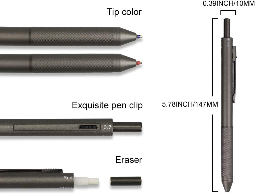 SMTTW 4-in-1 Multi-Function Refillable & Retractable Ballpoint Pen + 0.7mm Mechanical Pencil, Fine Point, Grey Metal Barrel - Image 3