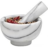 HIC Kitchen Mortar and Pestle Set, Solid Carrara Marble, 3.8-Inch, Spice Herb Grinder, Pill Crusher, Nut Butter Maker