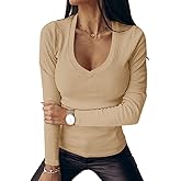 Fessceruna Womens Long Sleeve Shirts Tops Fall Deep V Neck Ribbed Casual Slim Fit Basic Sexy T-Shirt 2025