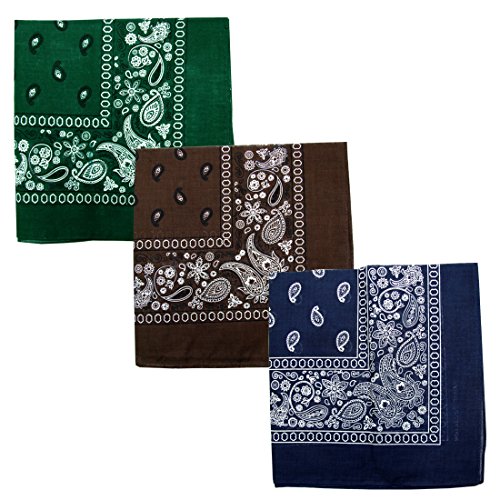 Paisley 3 piece Assorted Cotton Bandanas (Hun_Green / DK_Brown / Navy)