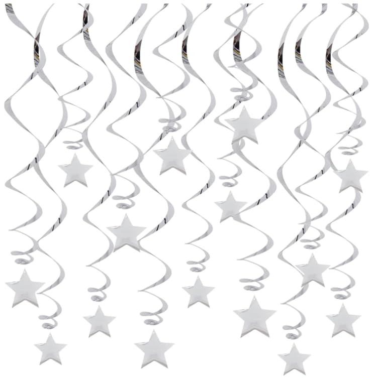 BEISHIDA Silver Star Hanging Swirl Decorations,Hanging Silver Party Supplies for Graduation Wedding Baby Shower Decorations, Pack of 15