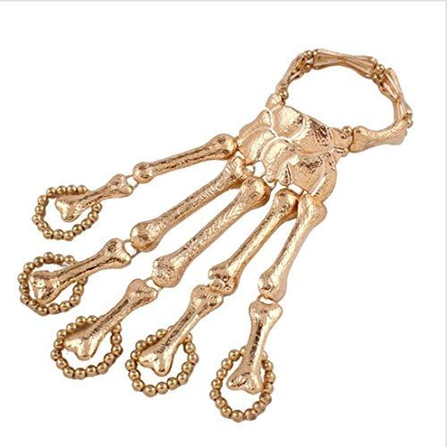 Welcomeuni Punk Gothic Devil Talon Skeleton Skull Bone Hand Finger Ring Slave Bracelet Cuff (Gold)