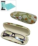 JAVOedge Green Cherry Blossom Print Eyeglass Clam Shell Style Case with Bonus Microfiber Glass Cleaning Cloth