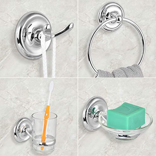 TONIAL Bath Hardware Accessories Set Wall Mounted 6 Piece Include 23.5 inch Towel Bar Towel Ring Robe Hook Toilet Paper Holer Soap Dish Toothbrush Holder Chrome
