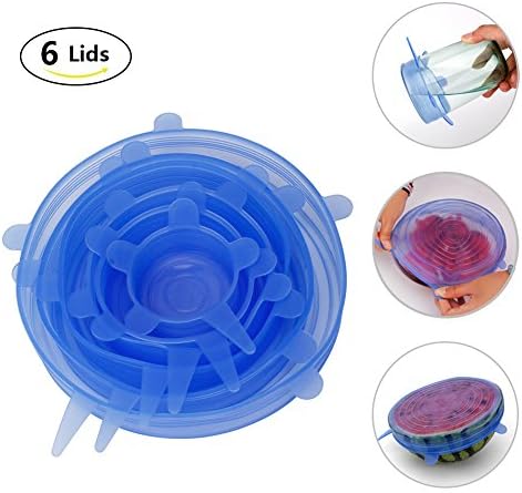 Silicone Stretch Lids, Yigenet Reusable Durable Expandable Food Covers for Platters, Dishes, Dishwasher, Jars, Oven, Microwave, Freezer Safe, Pack of 6 with Various Sizes（Blue)